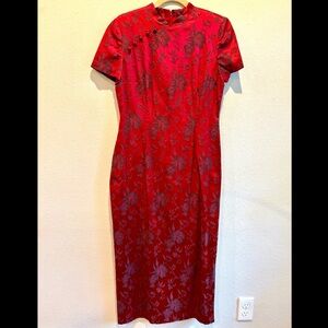Vintage Asian Inspired Elegant Red Floral Dress